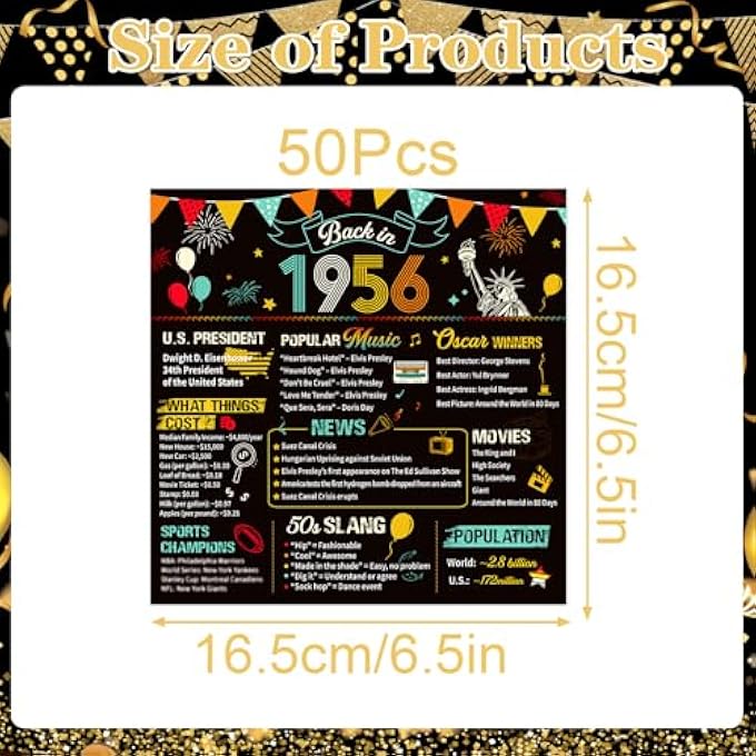 PACK OF 50 NAPKINS 70TH BIRTHDAY MAN WOMAN DECORATION 70TH BIRTHDAY NAPKINS BLACK GOLD FOR MEN AND WOMEN, 1956 PAPER HANDKERCHIEFS HANDKERCHIEFS PARTY DECORATION - Image 2